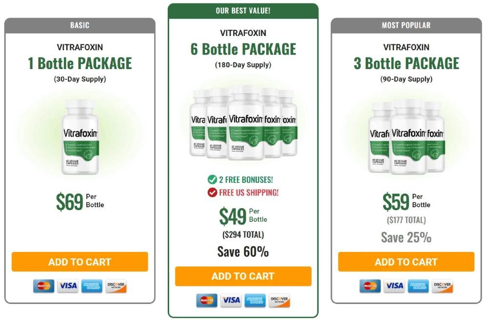 Vitrafoxin supplement pricing options displayed on the order page